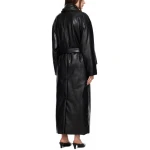 V Neck With Removable  Scarf Black Leather Long Coat