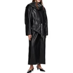 V Neck With Removable  Scarf Black Leather Long Coat