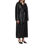 V Neck With Removable  Scarf Black Leather Long Coat