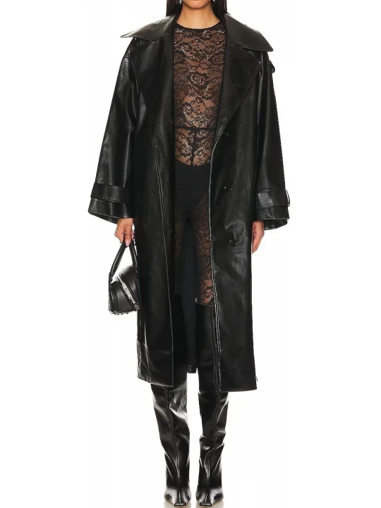 Wide Lapels Black Leather Long Coat