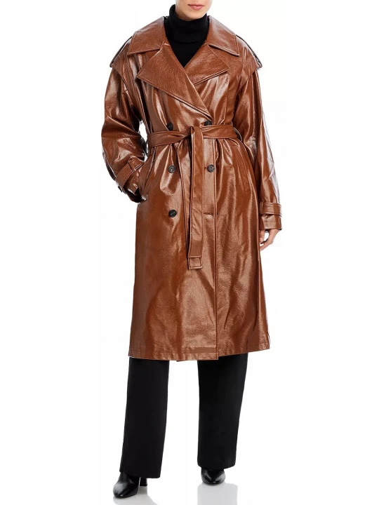 Wide Lapels Brown Leather Long Coat