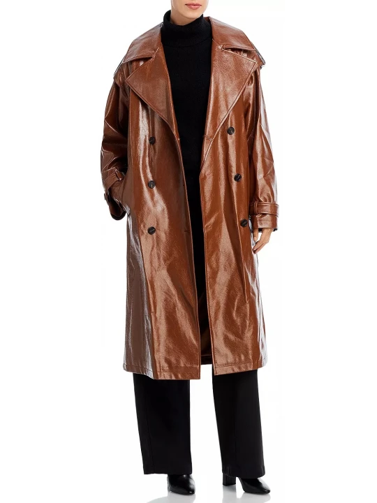 Wide Lapels Brown Leather Long Coat