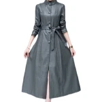 Womens Beautiful Design Real Lambskin Gray Long Leather Trench Coat