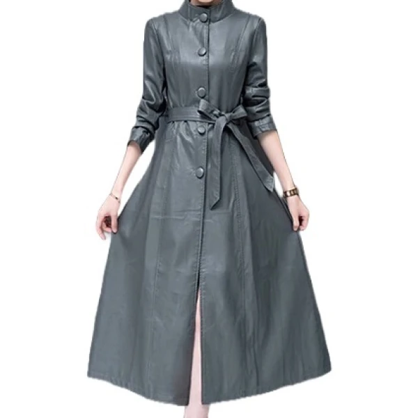Womens Beautiful Design Real Lambskin Gray Long Leather Trench Coat