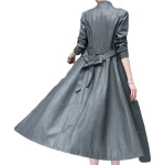 Womens Beautiful Design Real Lambskin Gray Long Leather Trench Coat
