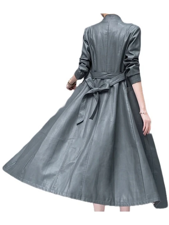 Womens Beautiful Design Real Lambskin Gray Long Leather Trench Coat