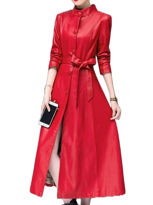 Womens Beautiful Design Real Lambskin Red Long Leather Trench Coat