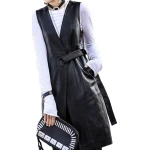 Womens Belted Sleeveless Real Lambskin Black Long Leather Trench Coat