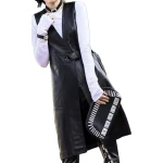 Womens Belted Sleeveless Real Lambskin Black Long Leather Trench Coat