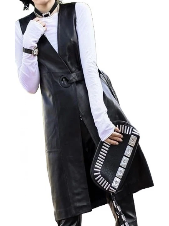 Womens Belted Sleeveless Real Lambskin Black Long Leather Trench Coat