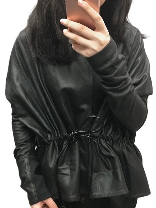 Womens Classic Design Genuine Sheepskin Black Leather Coat