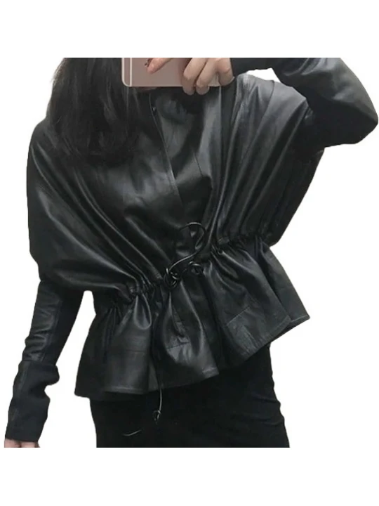 Womens Classic Design Genuine Sheepskin Black Leather Coat