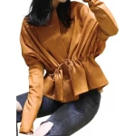 Womens Classic Design Genuine Sheepskin Brown Leather Coat