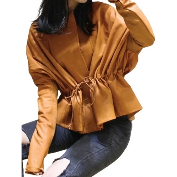 Womens Classic Design Genuine Sheepskin Brown Leather Coat