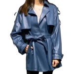 Womens Classic Street Wear Genuine Sheepskin Blue Long Leather Trench Coat Jacket