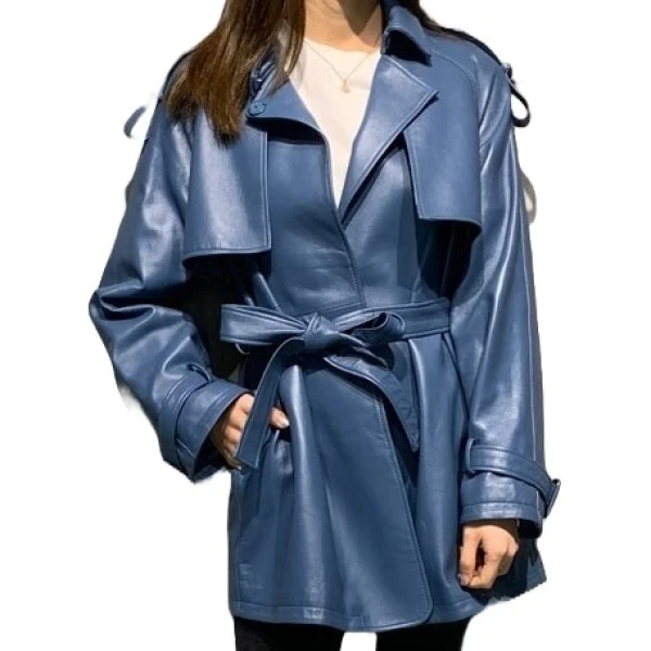 Womens Classic Street Wear Genuine Sheepskin Blue Long Leather Trench Coat Jacket