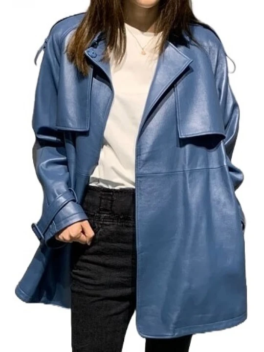 Womens Classic Street Wear Genuine Sheepskin Blue Long Leather Trench Coat Jacket
