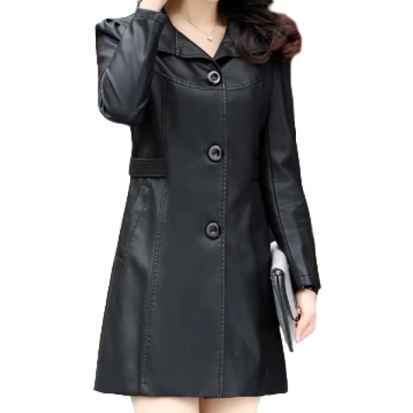 Womens Cool Fashion Real Lambskin Black Long Leather Trench Coat