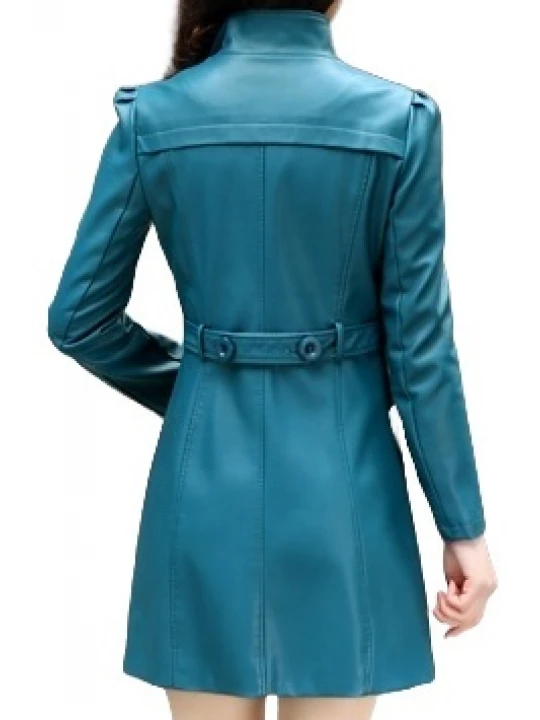 Womens Cool Fashion Real Lambskin Blue Long Leather Trench Coat