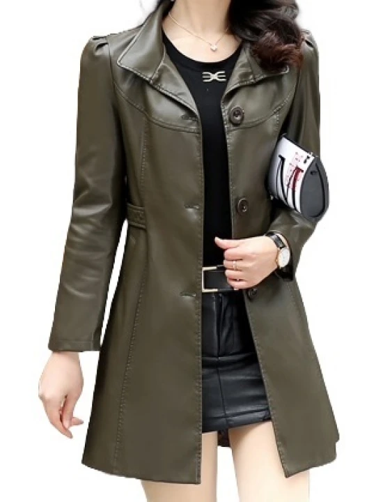 Womens Cool Fashion Real Lambskin Brown Long Leather Trench Coat