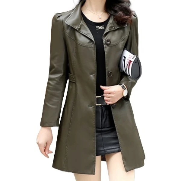Womens Cool Fashion Real Lambskin Brown Long Leather Trench Coat