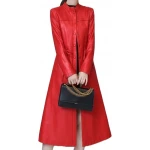Womens Cute Fashion Real Lambskin Red Long Leather Trench Coat