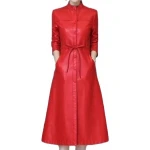 Womens Cute Fashion Real Lambskin Red Long Leather Trench Coat