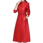 Womens Cute Fashion Real Lambskin Red Long Leather Trench Coat