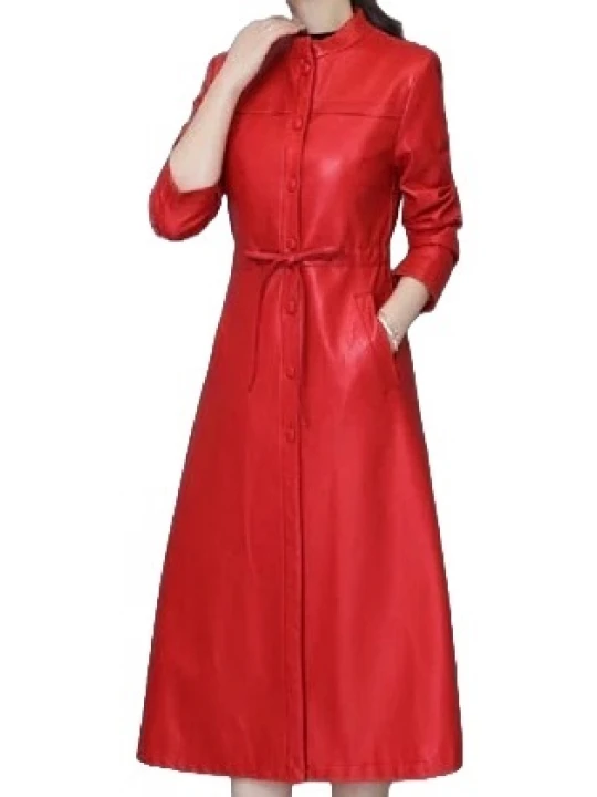 Womens Cute Fashion Real Lambskin Red Long Leather Trench Coat