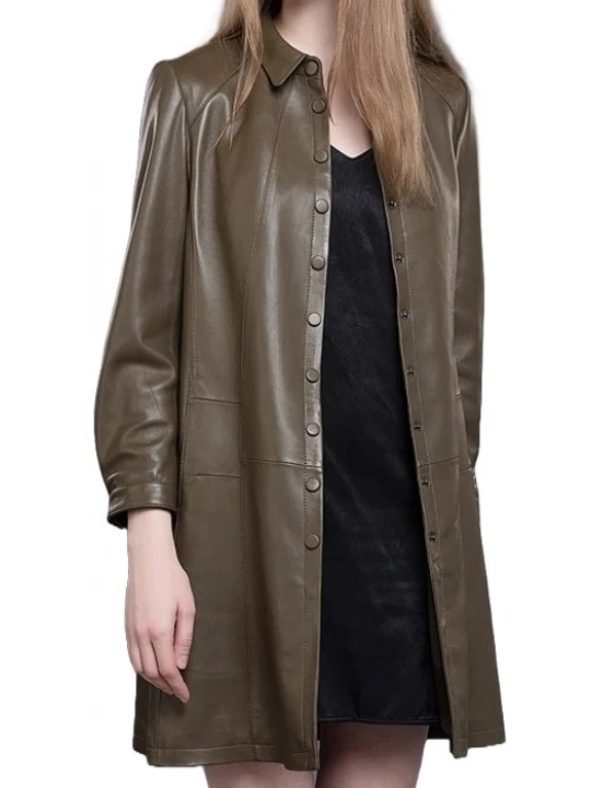 Womens Dashing Genuine Sheepskin Brown Long Leather Trench Coat