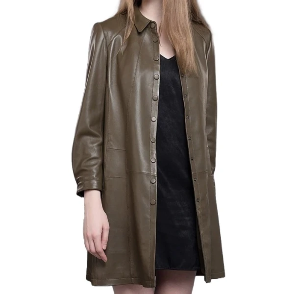 Womens Dashing Genuine Sheepskin Brown Long Leather Trench Coat