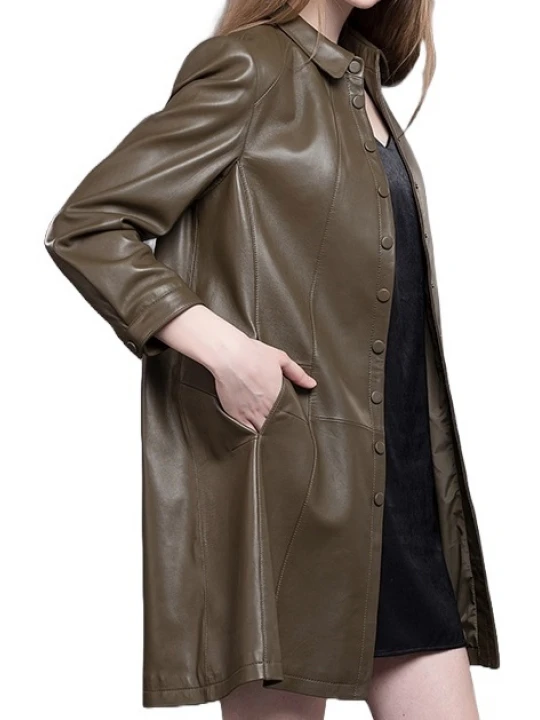 Womens Dashing Genuine Sheepskin Brown Long Leather Trench Coat
