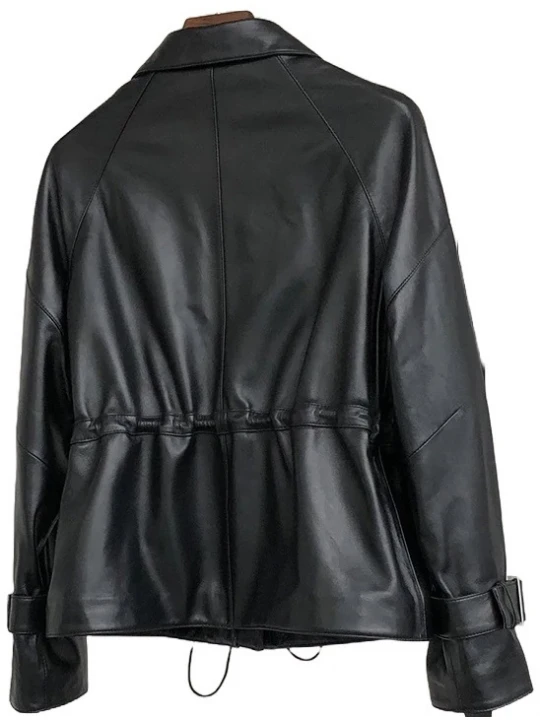 Womens Distinctive Style Genuine Sheepskin Black Leather Jacket Coat