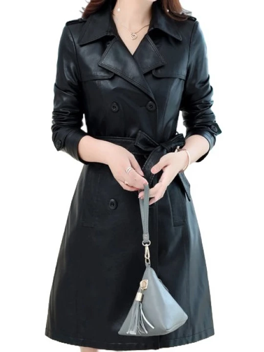 Womens Double Breasted Real Lambskin Black Long Leather Trench Coat