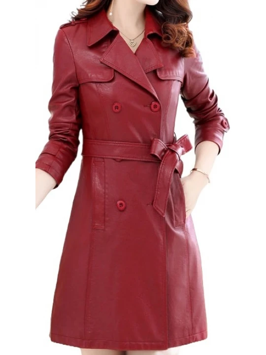 Womens Double Breasted Real Lambskin Burgundy Long Leather Trench Coat