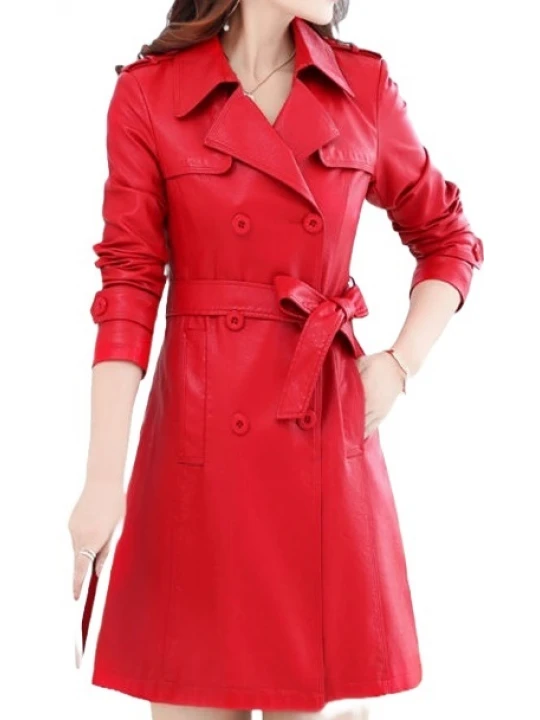 Womens Double Breasted Real Lambskin Red Long Leather Trench Coat
