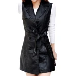 Womens Double Breasted Sleeveless Real Lambskin Black Long Leather Trench Coat
