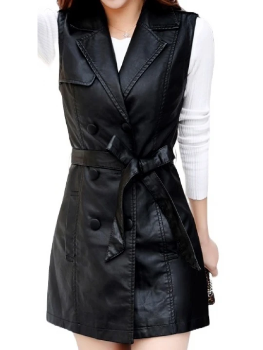 Womens Double Breasted Sleeveless Real Lambskin Black Long Leather Trench Coat
