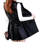 Womens Double Breasted Sleeveless Real Lambskin Black Long Leather Trench Coat