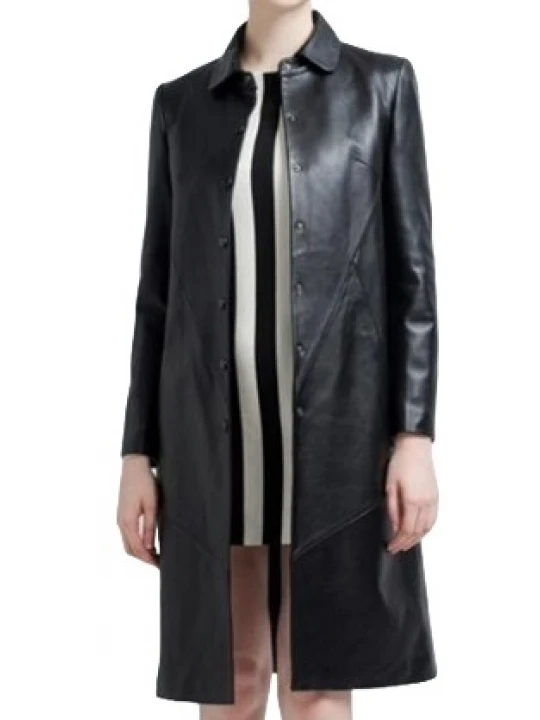 Womens Edgy Genuine Sheepskin Black Long Leather Trench Coat