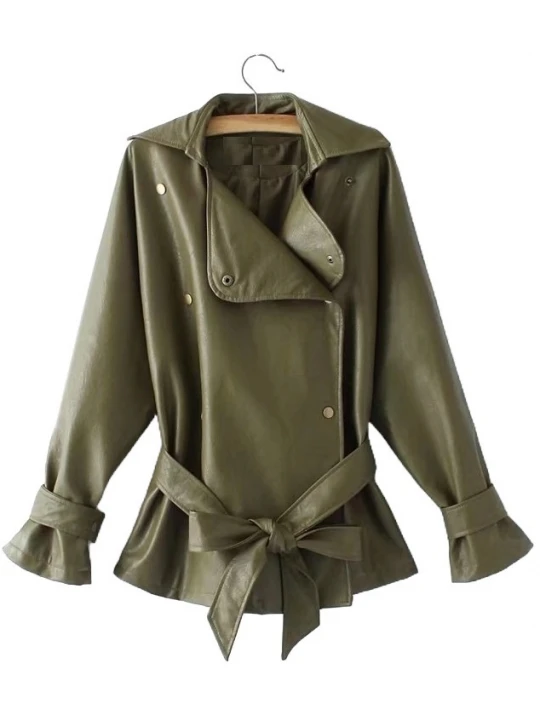 Womens Elegant New Fashion Genuine Sheepskin Olive Green Leather Jacket Coat