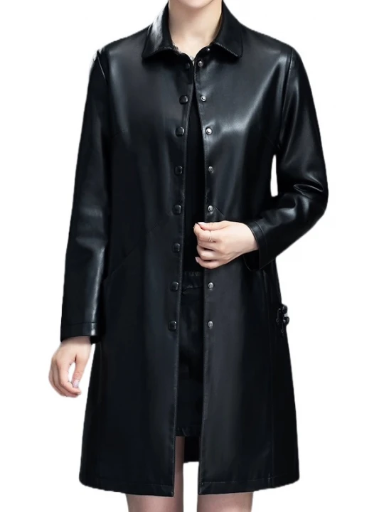 Womens Elegant Real Lambskin Black Long Leather Trench Coat