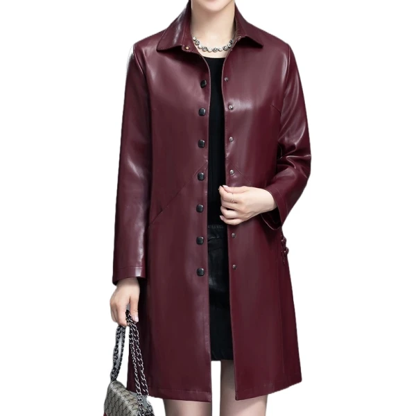 Womens Elegant Real Lambskin Burgundy Long Leather Trench Coat