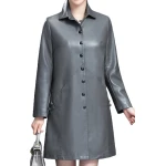 Womens Elegant Real Lambskin Gray Long Leather Trench Coat