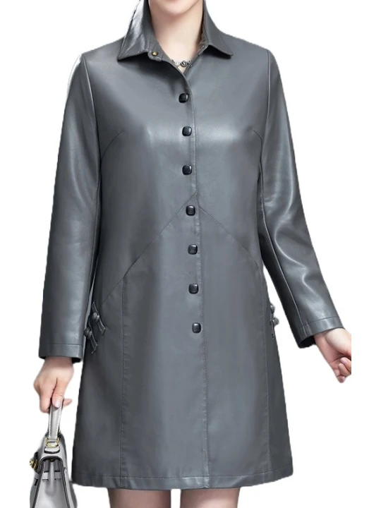 Womens Elegant Real Lambskin Gray Long Leather Trench Coat