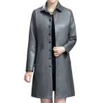 Womens Elegant Real Lambskin Gray Long Leather Trench Coat