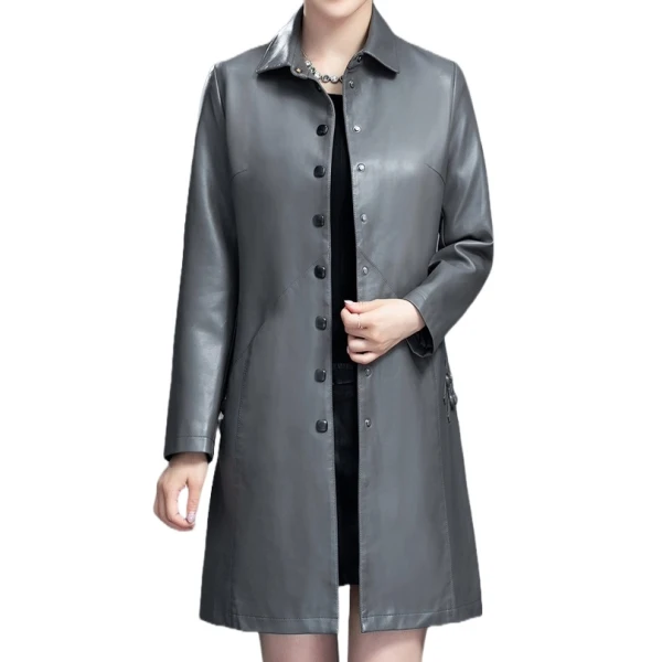 Womens Elegant Real Lambskin Gray Long Leather Trench Coat