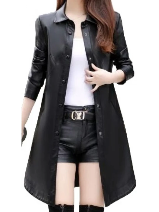 Womens Exceptional Fashion Genuine Sheepskin Black Long Leather Trench Coat
