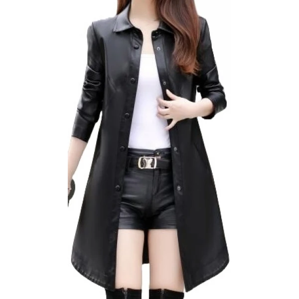 Womens Exceptional Fashion Genuine Sheepskin Black Long Leather Trench Coat