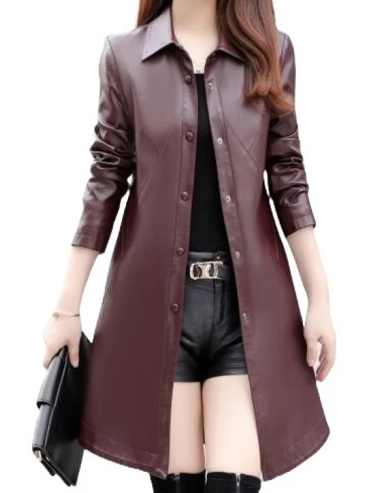Womens Exceptional Fashion Genuine Sheepskin Burgundy Long Leather Trench Coat